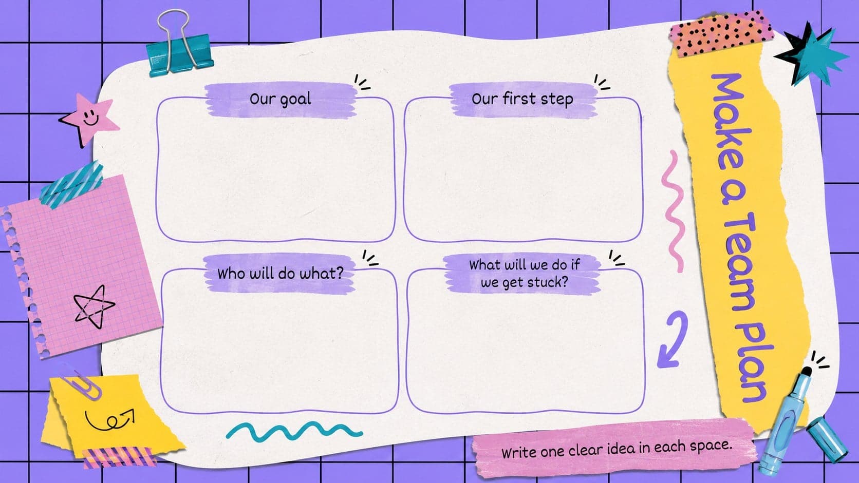 Colorful classroom collaboration presentation template page with a team planning canvas.