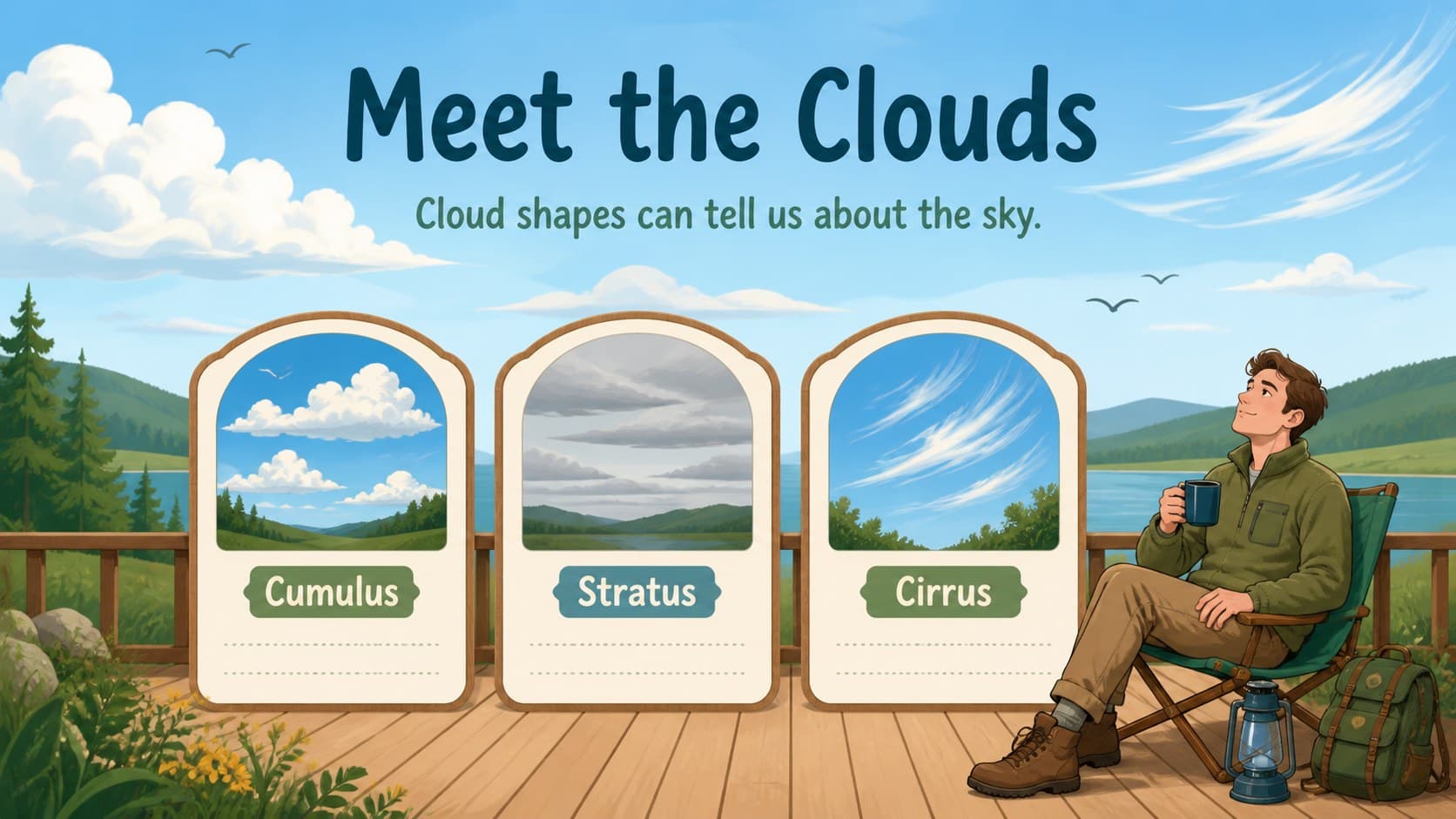 Cloud types comparison slide showing simple illustrated examples for weather patterns for kids.