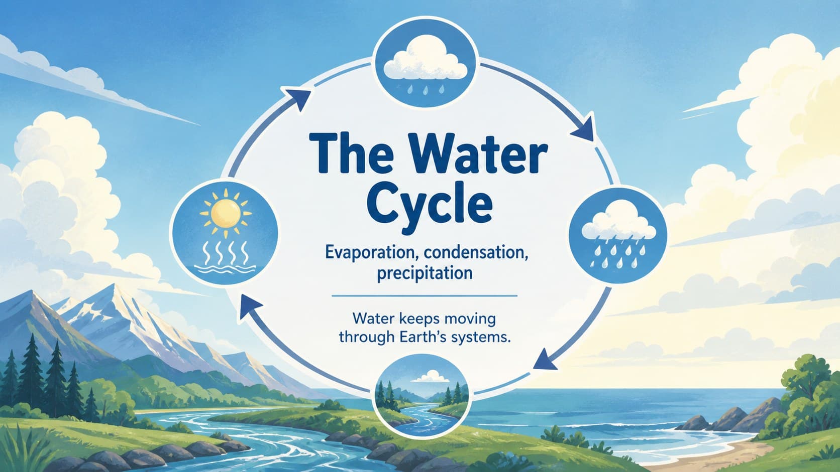 Water cycle diagram slide explaining evaporation, condensation, and precipitation in a classroom presentation.