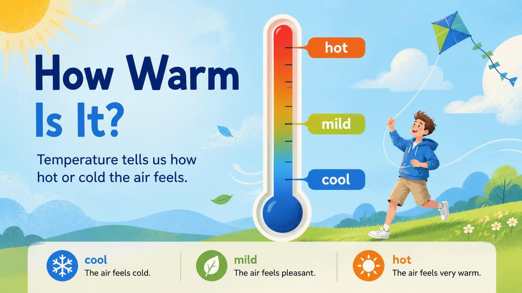 Temperature lesson slide with a thermometer illustration and warm-to-cool comparison for elementary weather science slides.