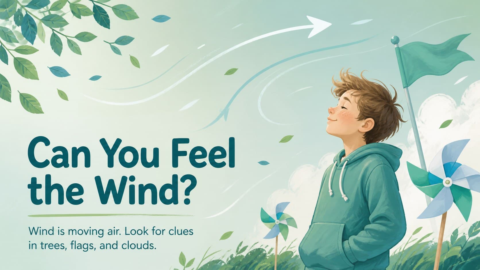 Wind and movement slide using arrows and illustrated leaves to explain weather observation activities.