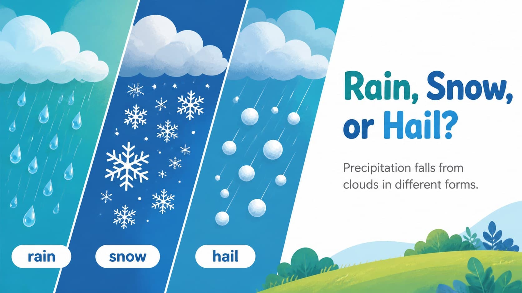 Precipitation slide showing rain, snow, and hail examples for an elementary meteorology lesson.