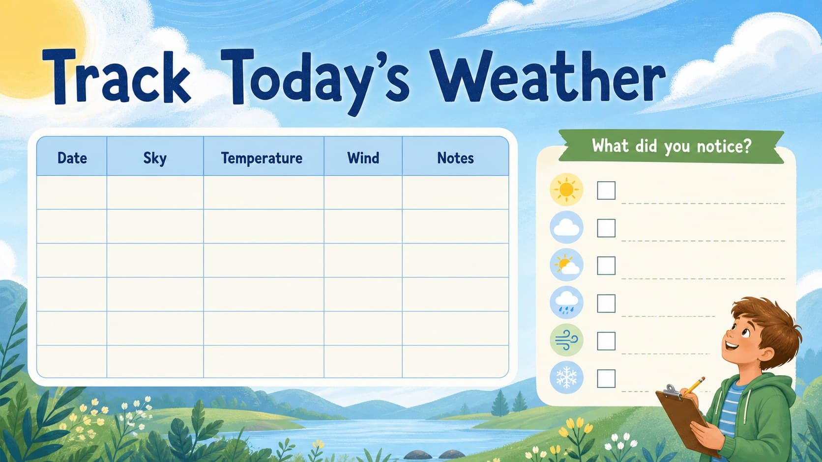 Weather observation chart slide for recording daily conditions in an elementary classroom.