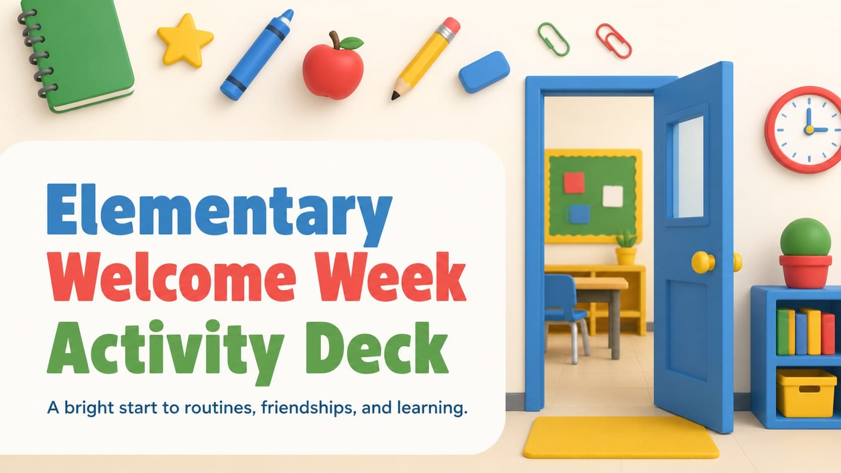 Colorful cover slide introducing an elementary welcome week activity deck with playful classroom illustrations.