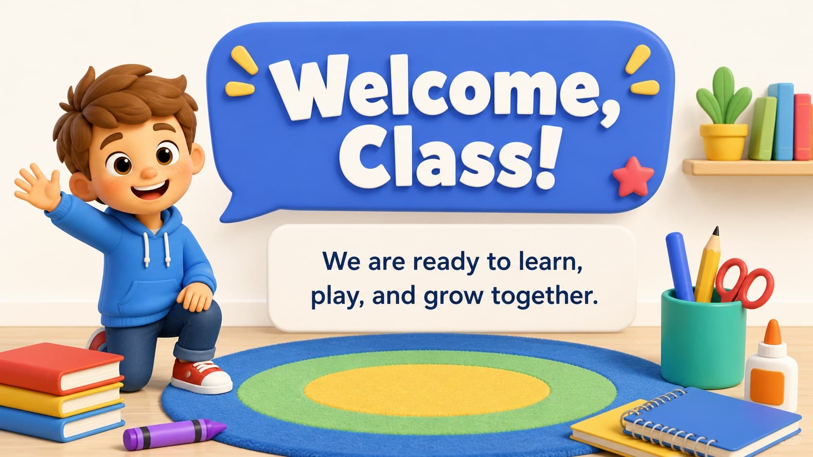 Welcome slide showing a cheerful classroom greeting and first-day message for elementary students.