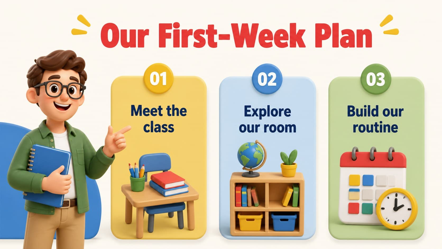 First-week agenda slide organizing classroom welcome activities and daily transitions.