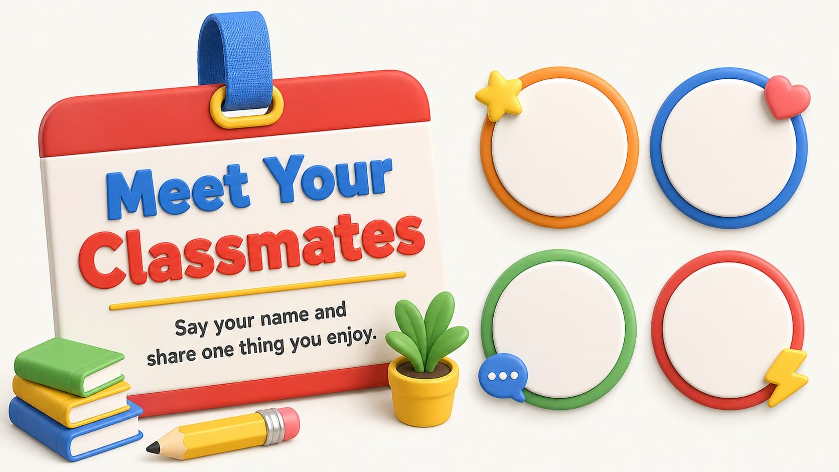 Student introduction slide with a friendly prompt for sharing names and favorite interests.