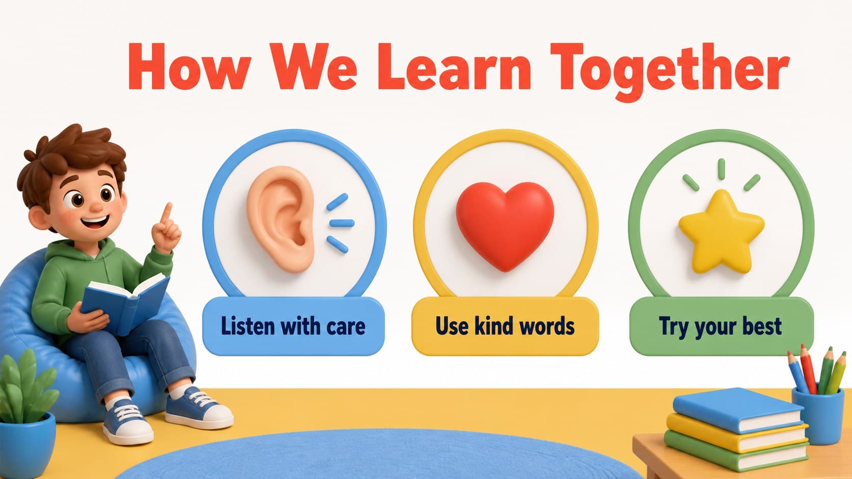 Classroom expectations slide presenting three positive behaviors for a welcoming learning environment.