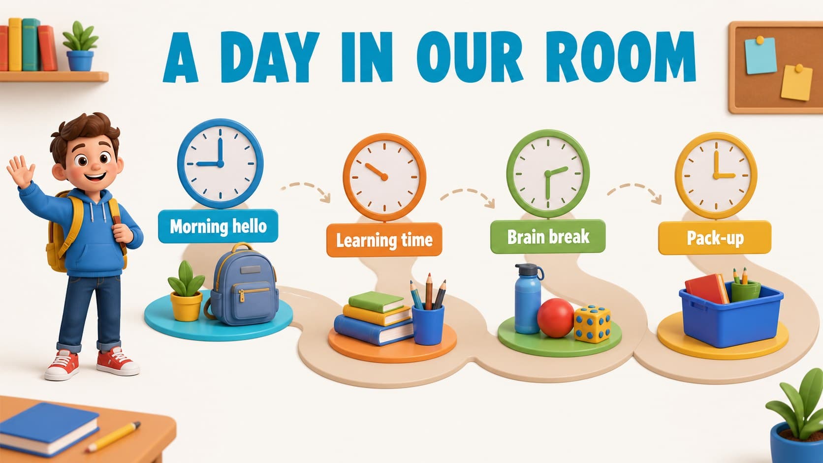 Daily schedule slide showing a colorful sequence for morning, learning, break, and closing activities.