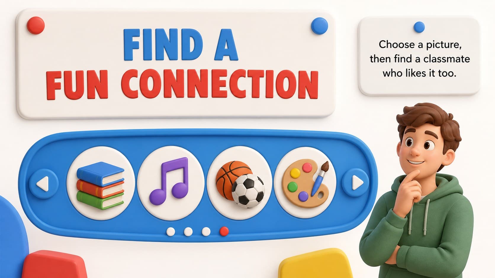 Icebreaker activity slide inviting elementary students to choose and share a favorite subject or hobby.