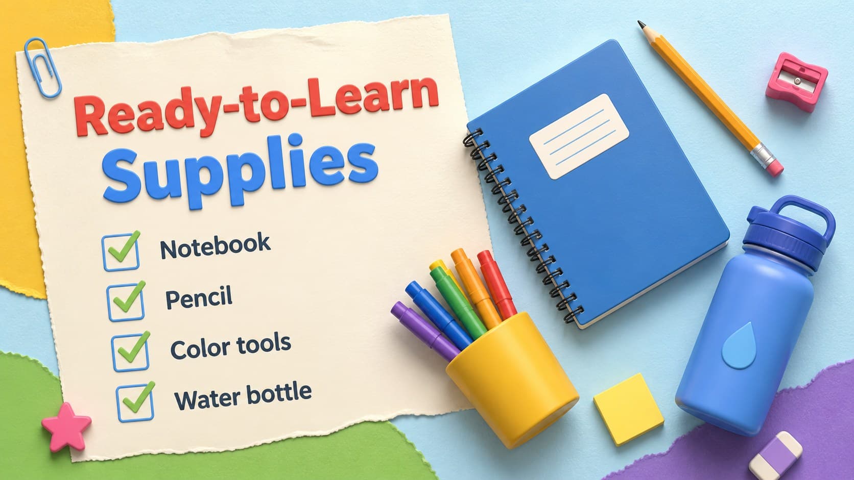Supplies slide displaying a visual checklist of everyday materials for elementary classroom activities.