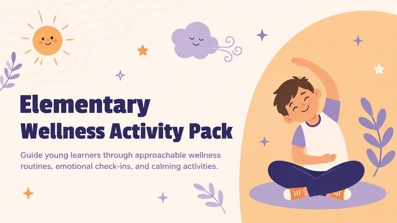 Cover of the Elementary Wellness Activity Pack with playful orange and purple abstract illustrations.