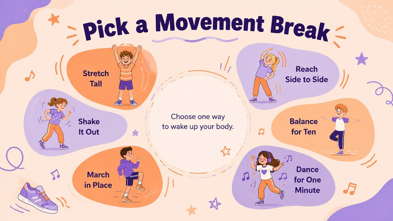 Movement break choice board with six simple activities for young learners.