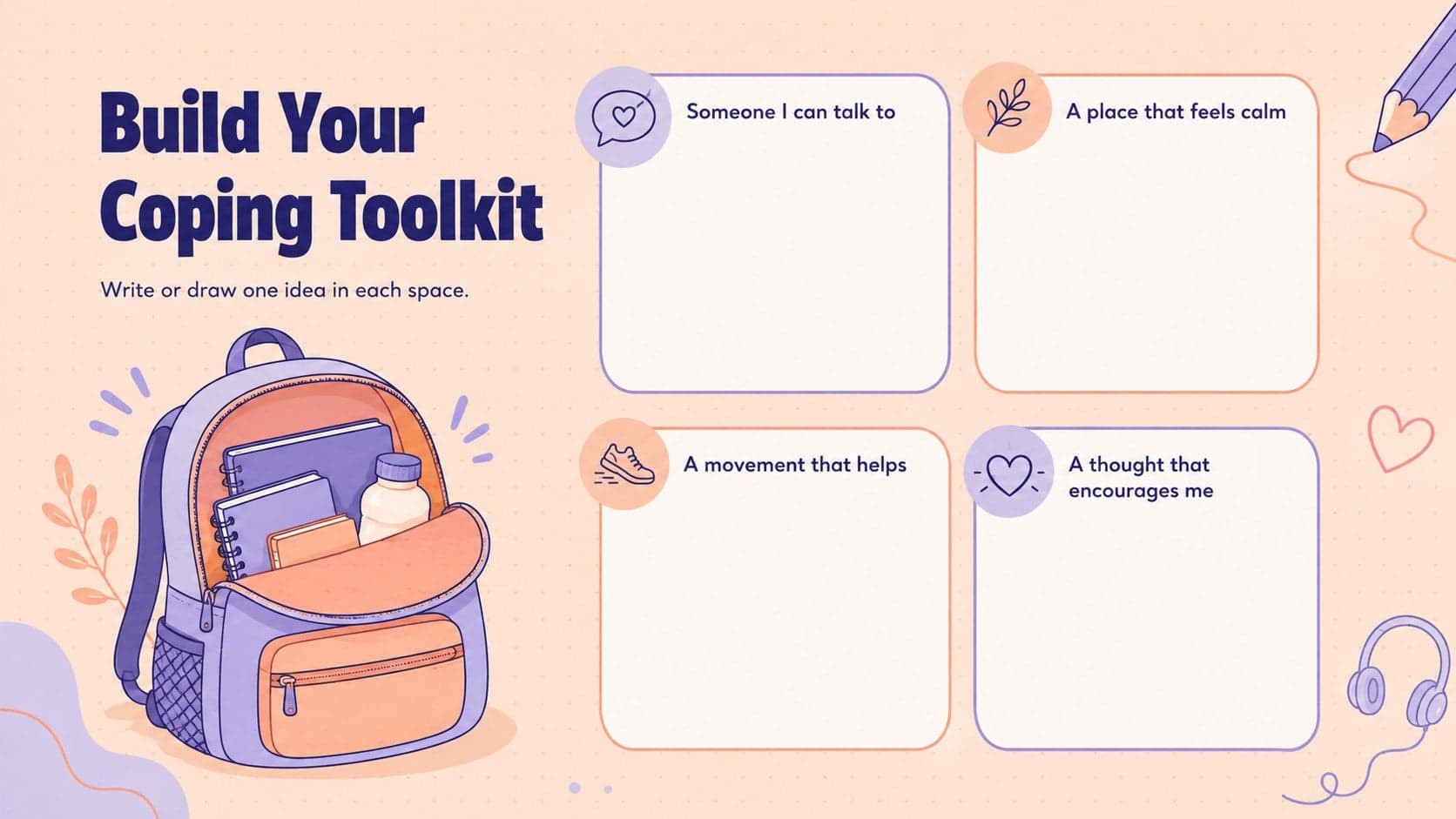 Personal coping toolkit worksheet with writing spaces and playful wellness doodles.