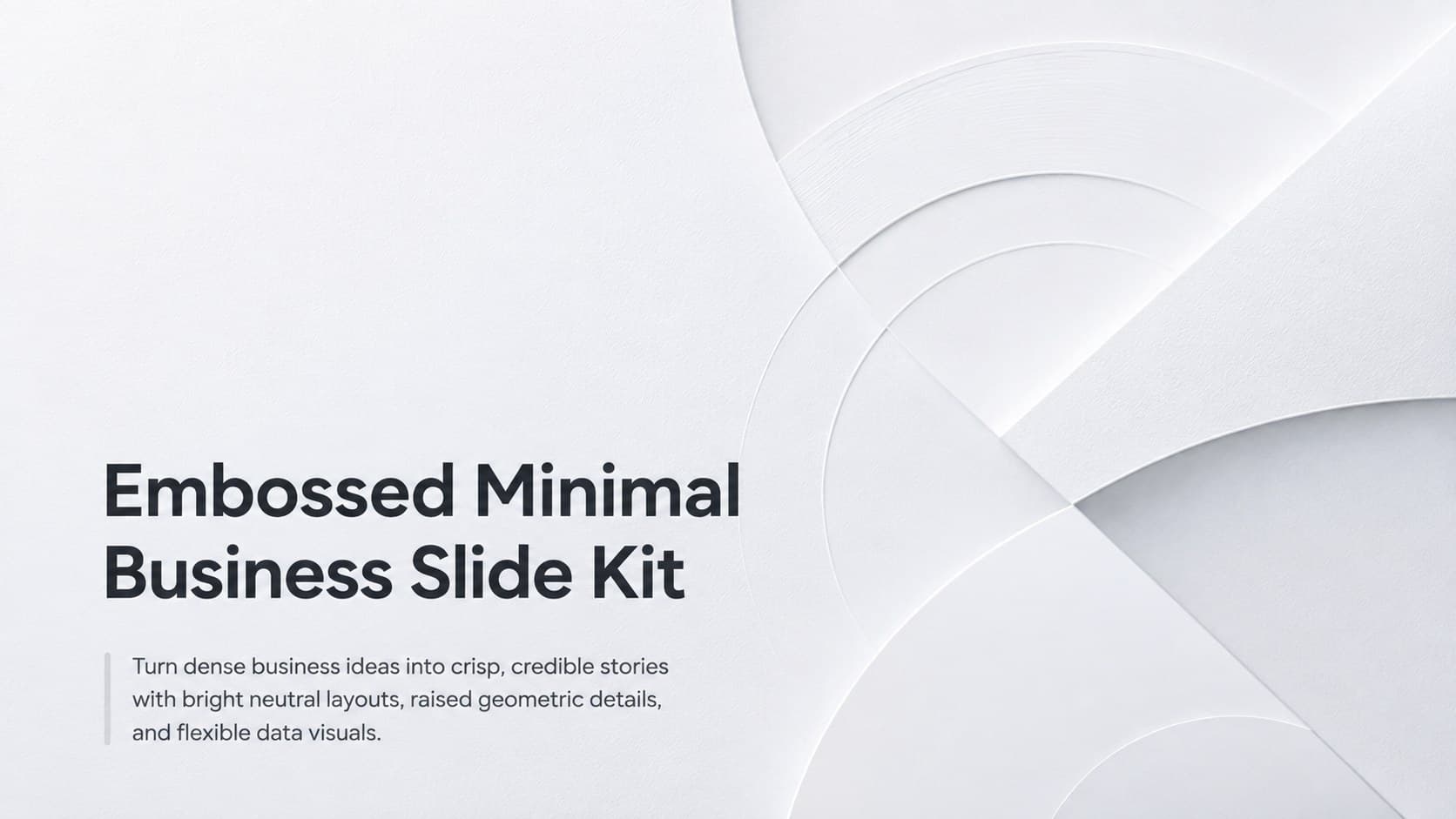 Cover for the Embossed Minimal Business Slide Kit with white geometric relief details and refined corporate typography.