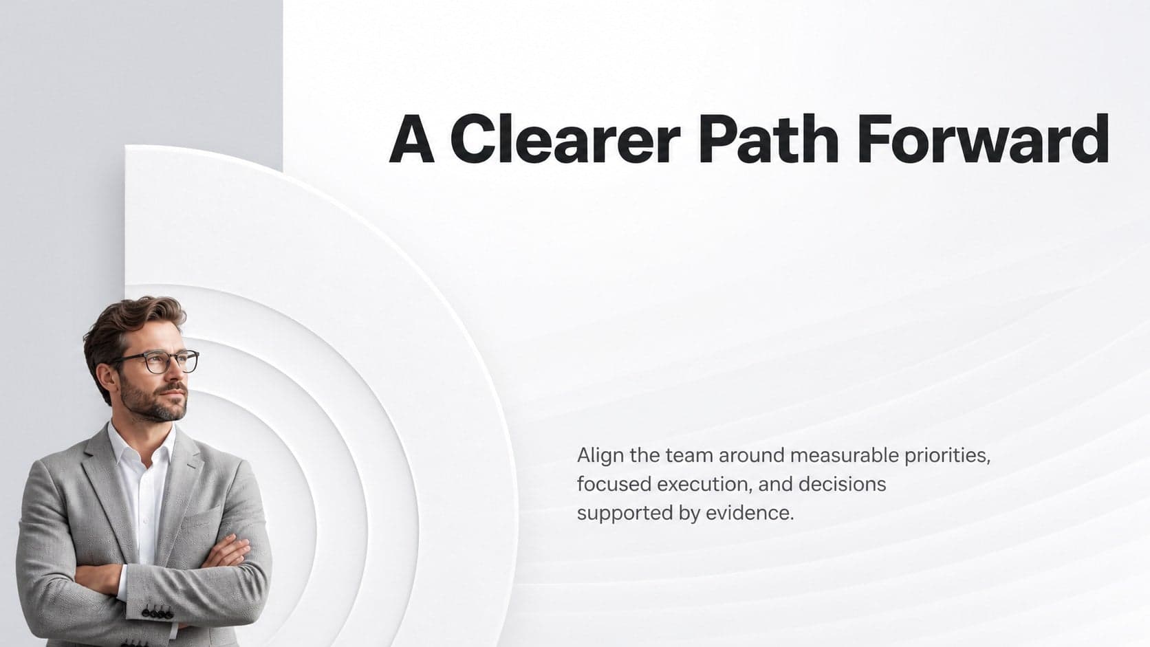 Clean consulting presentation slide introducing a business strategy with concise text and raised circular accents.