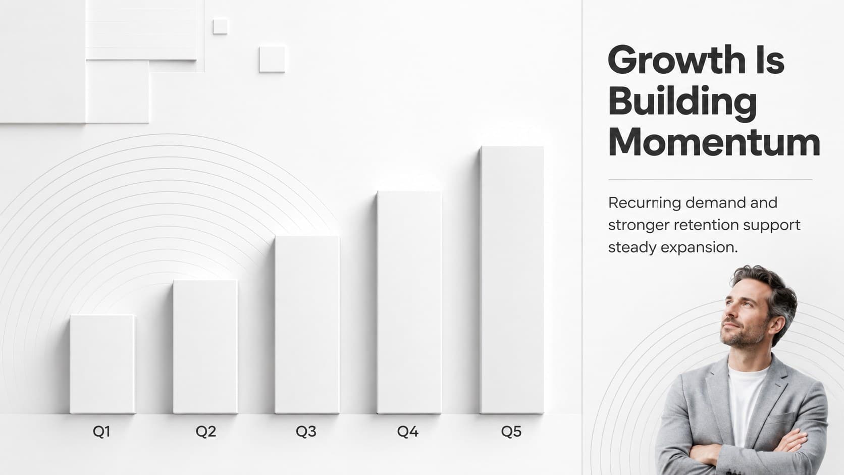 White geometric sales presentation slide with a rising bar chart and concise revenue analysis.