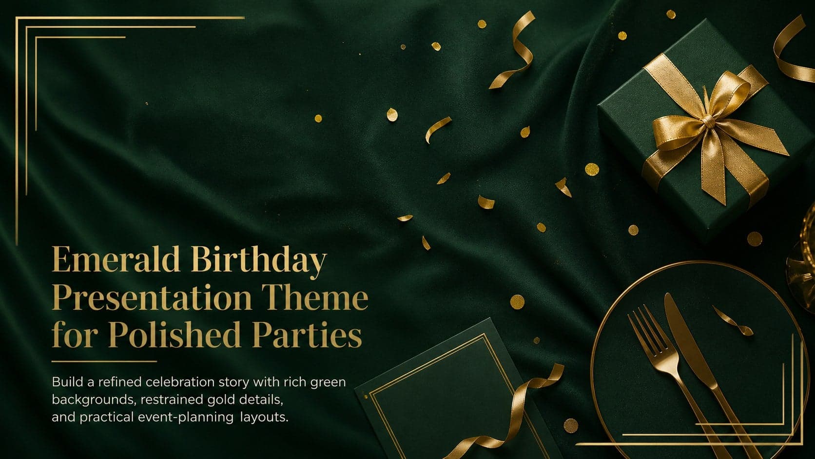 Cover of an emerald birthday presentation theme with gold details and an elegant party announcement.