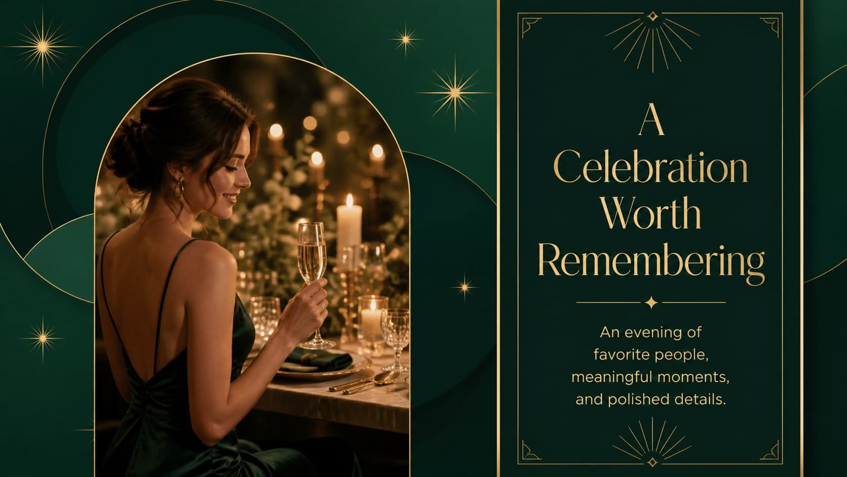 Emerald and gold birthday slides presenting a concise welcome message for a polished celebration.