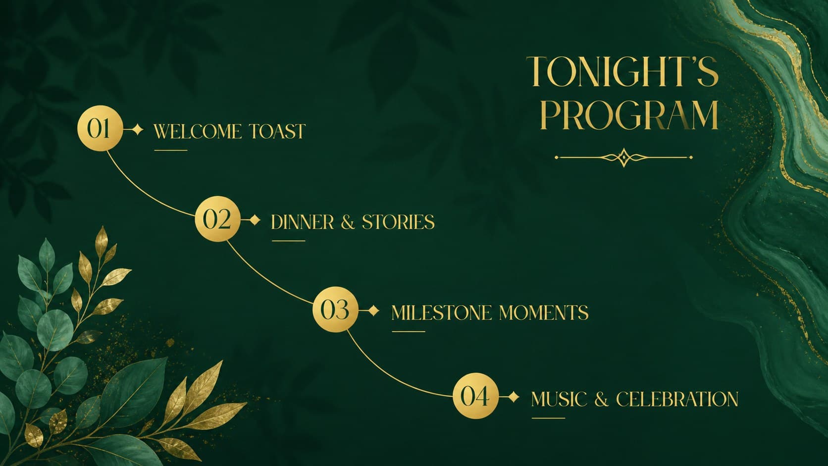 Elegant birthday party slide deck showing an event agenda against a deep emerald background.