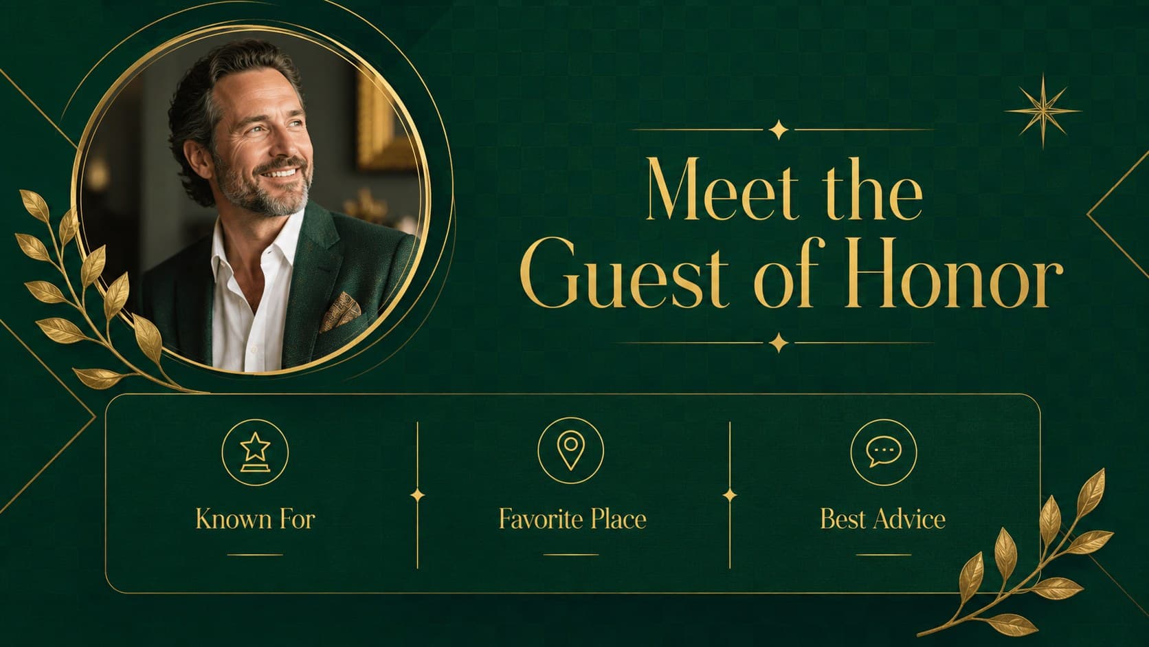 Luxury birthday event presentation slide introducing the guest of honor with an emerald portrait layout.