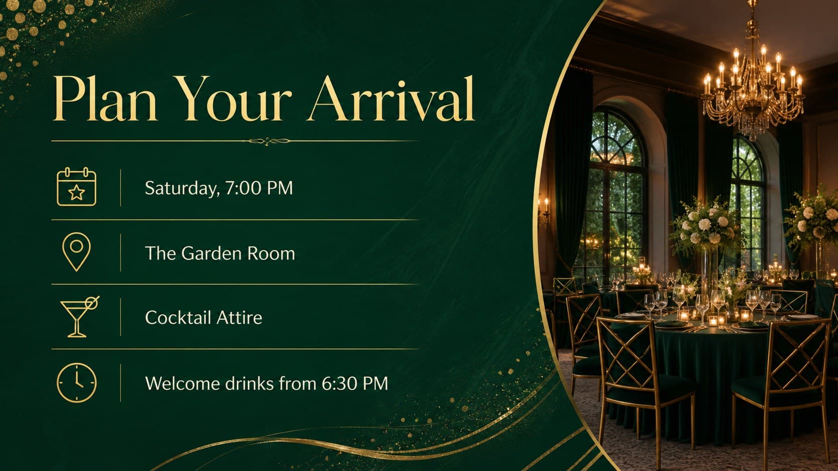 Green and gold party planning deck with venue, date, dress code, and arrival information.