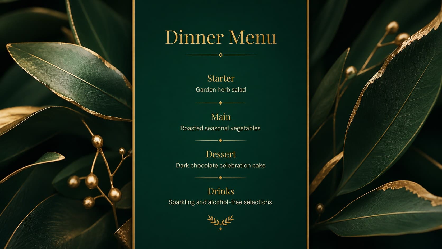 Emerald birthday presentation theme slide outlining a formal dinner menu with refined gold typography.