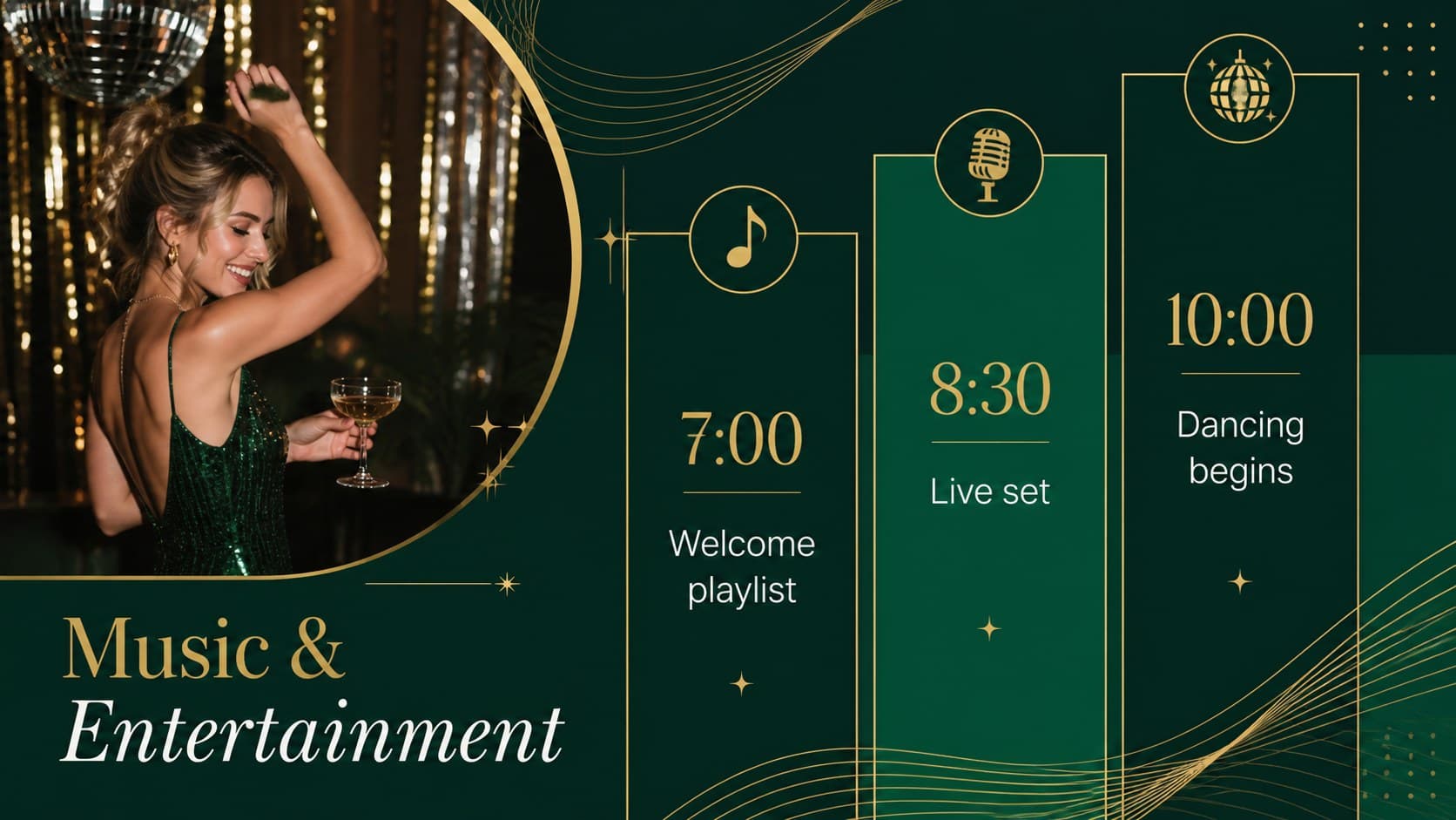 Elegant birthday entertainment schedule slide using emerald panels and subtle gold accents.