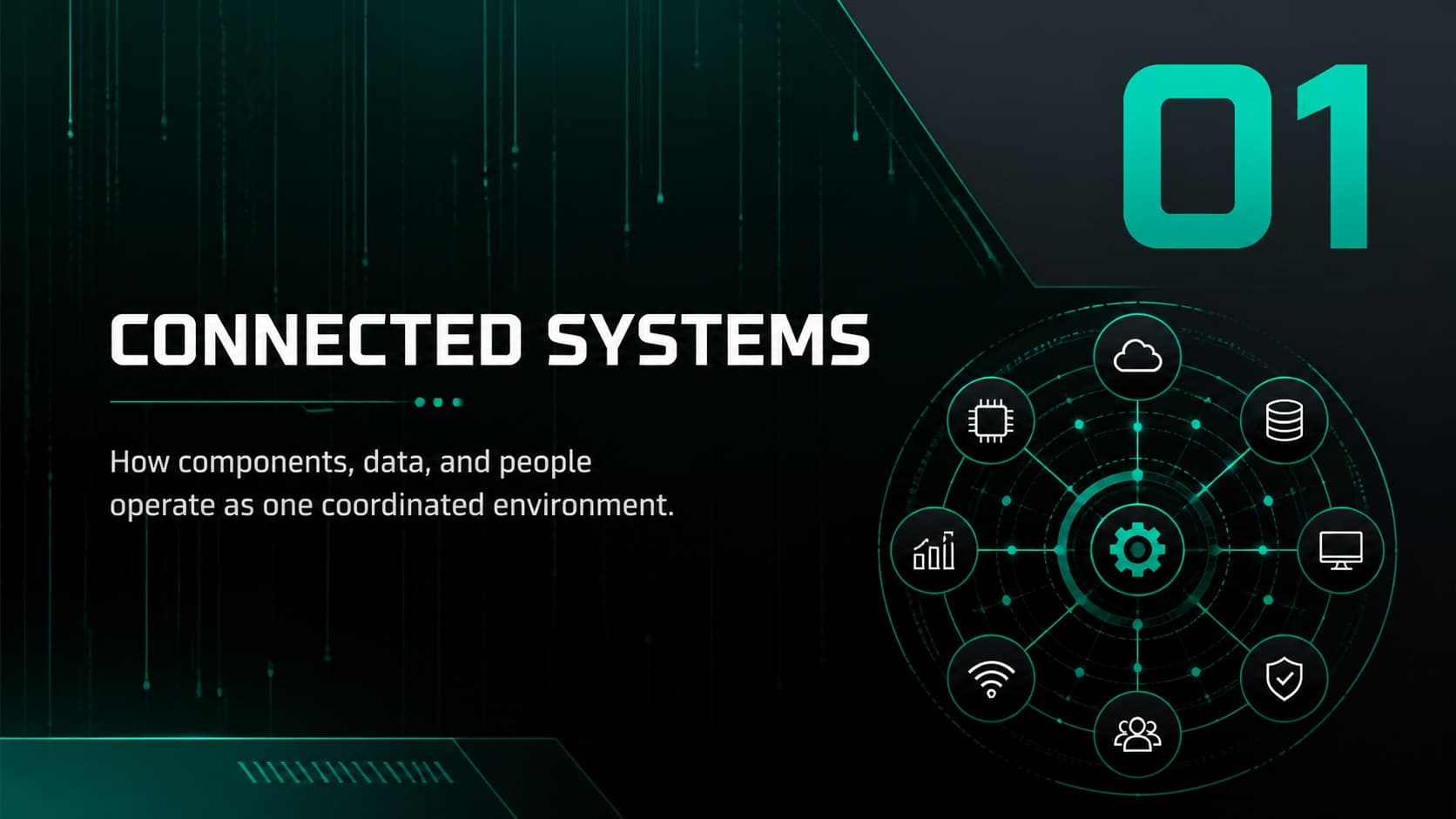 Editable circuit board slide deck section opener introducing connected systems with an abstract network graphic.