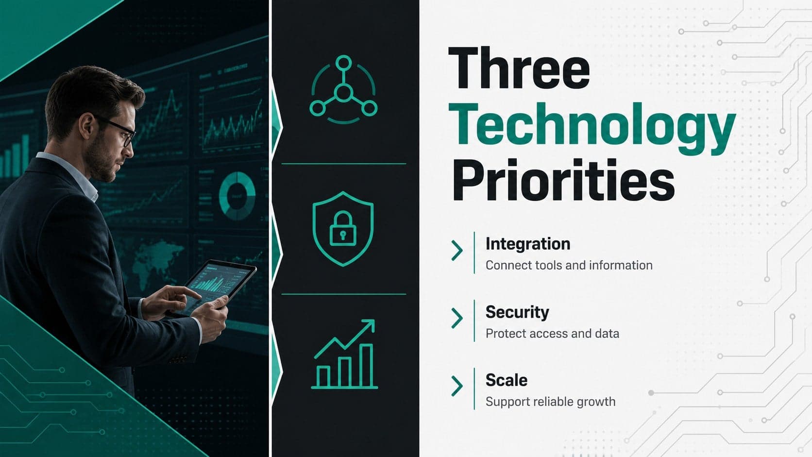 Digital systems presentation theme slide showing three technology priorities in a clean modular layout.