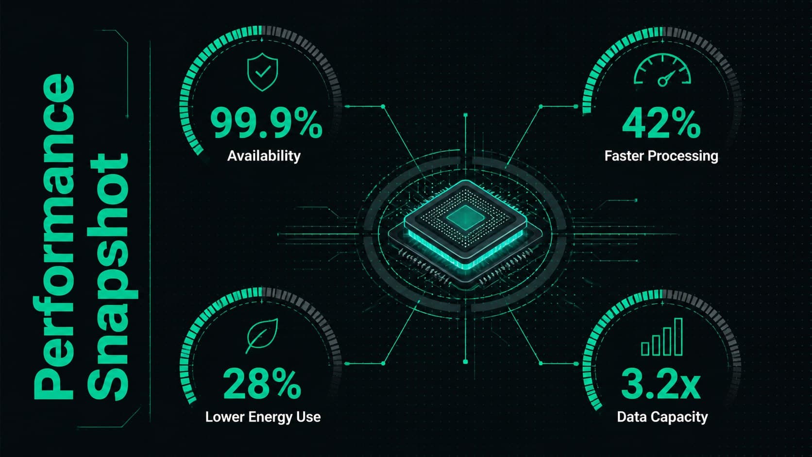 Electronics research PowerPoint deck slide presenting four performance metrics with green data graphics.