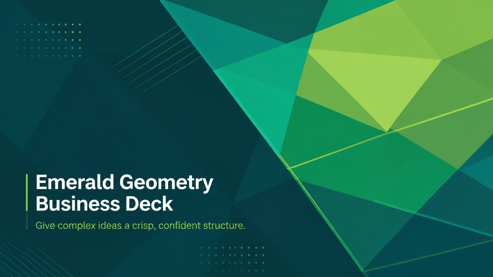 Cover of the Emerald Geometry Business Deck with angular green graphics and a bold professional title.
