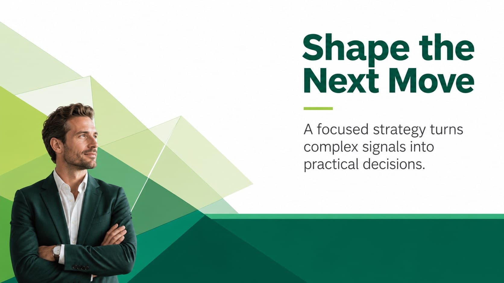 Emerald business presentation template slide introducing a focused strategy statement.
