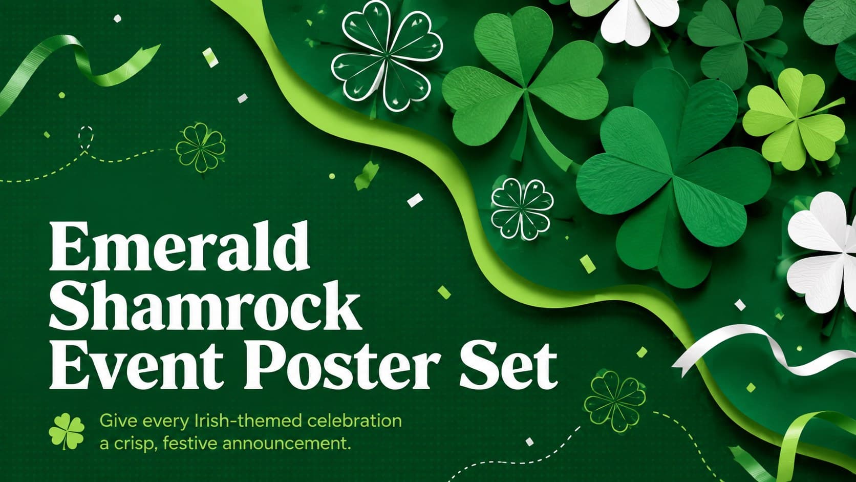 Cover for an emerald shamrock event poster set with bold white lettering and layered green clover decorations.