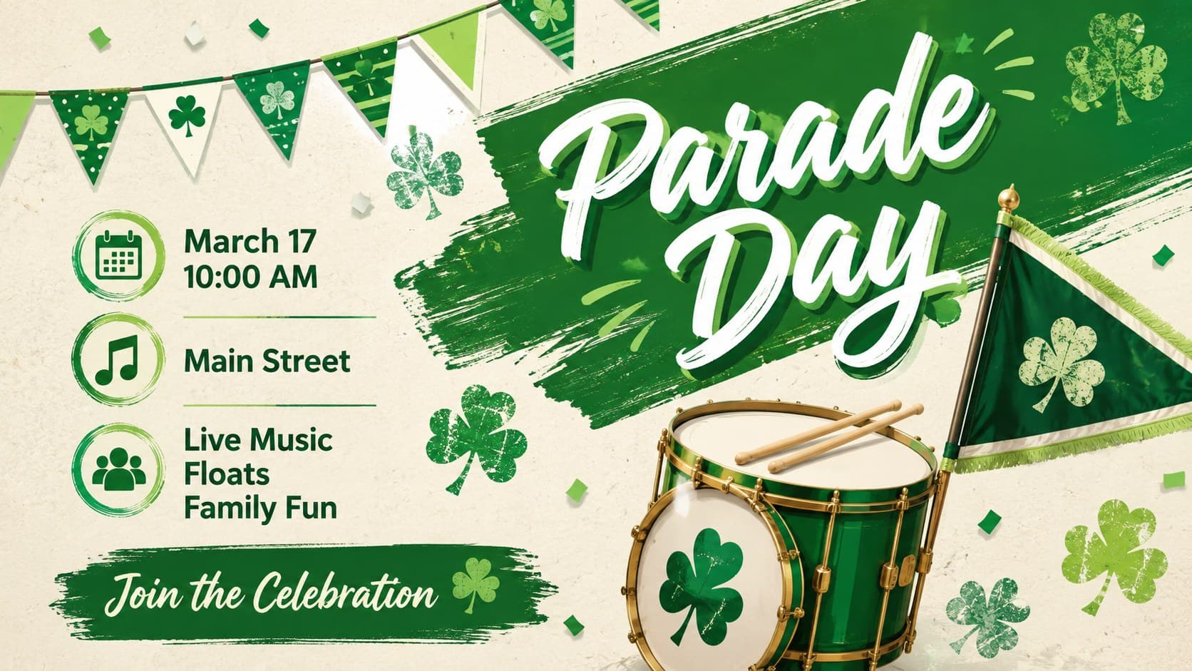 Green St. Patrick's Day parade promotion template featuring event time, route, music, and family activity details.