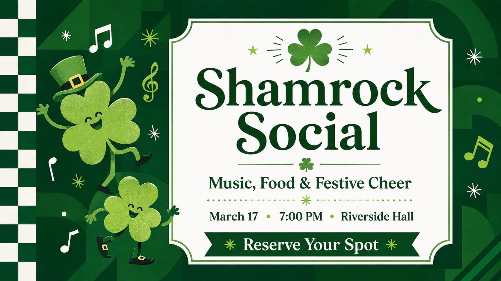 Shamrock social invitation slide with an emerald party announcement, venue details, and festive clover accents.