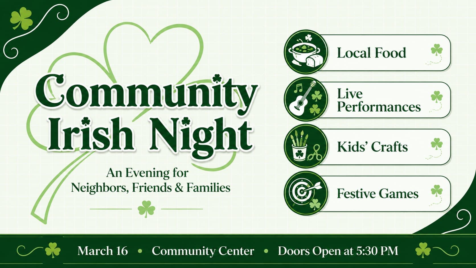 Irish community celebration flyer slide with family activities, local food, crafts, and live performance information.