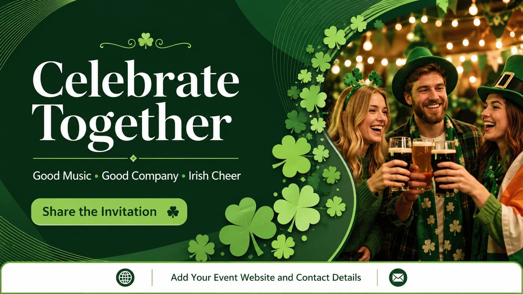 Closing slide for an Irish festival poster presentation with a celebrate together message and editable event contact details.