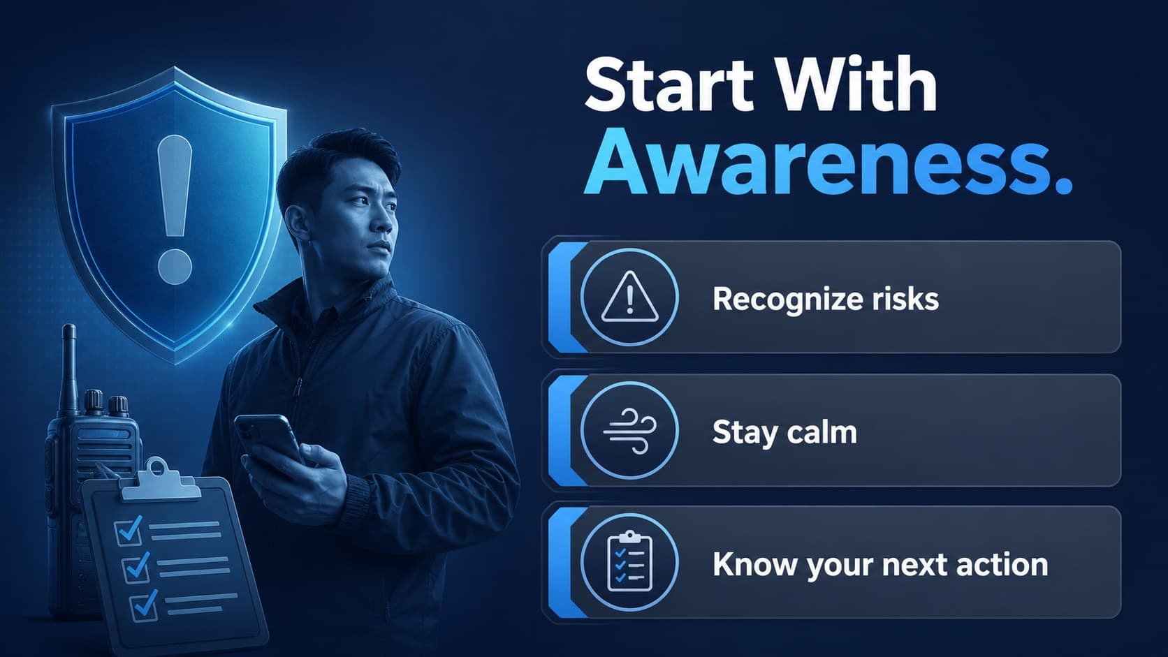 Emergency awareness lesson slide showing key risks and preparedness goals in an editable blue and grey layout.