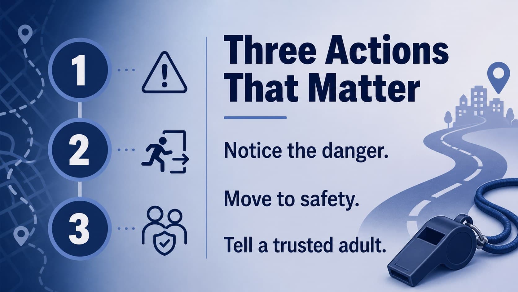 Classroom safety slide outlining three practical actions with numbered visual steps and editable text.