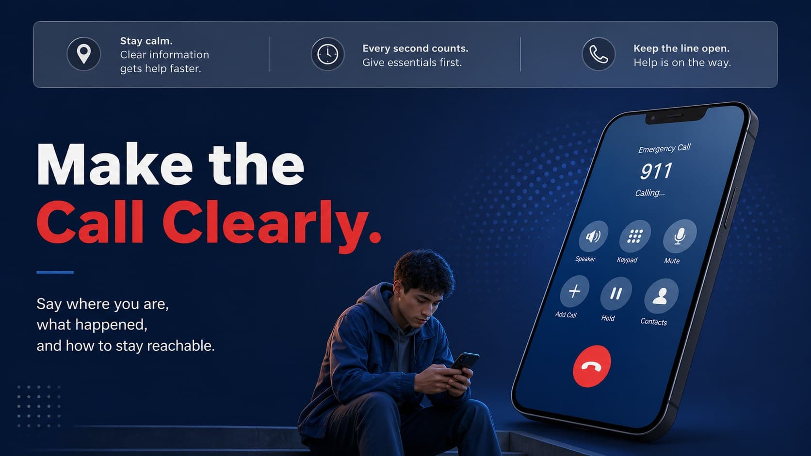 How to call 911 lesson slide with a phone graphic, conversation prompts, and editable emergency information.