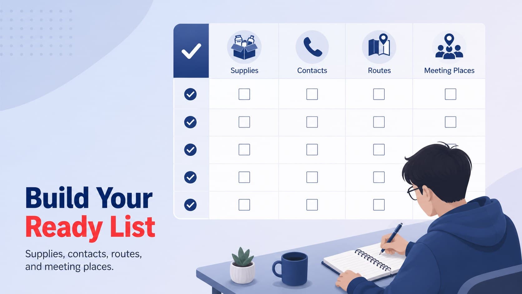 Emergency preparedness checklist slide with editable supplies, contacts, and location reminders.