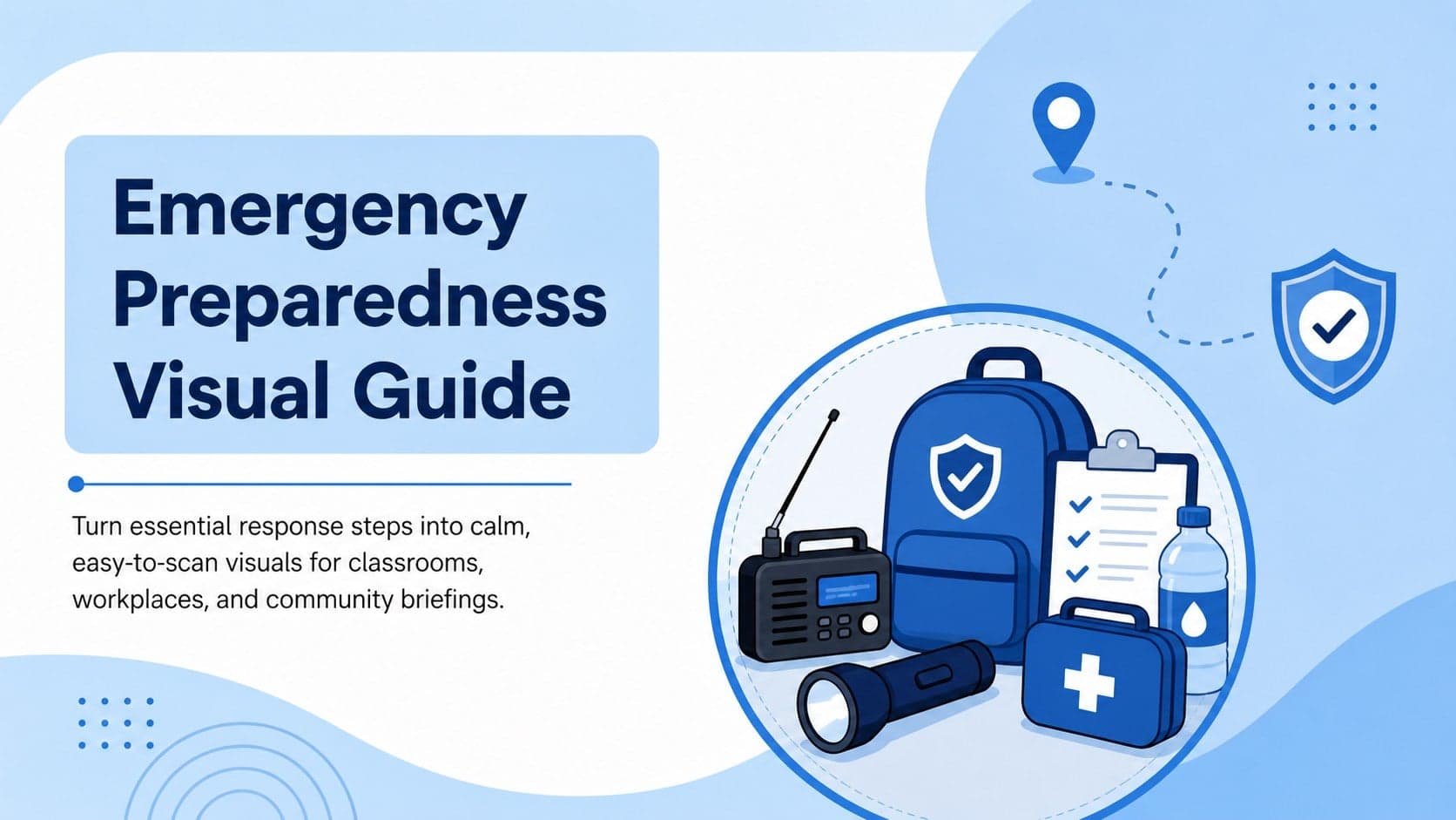 Cover of an Emergency Preparedness Visual Guide with blue flat-style safety illustrations and a clear response-planning headline.