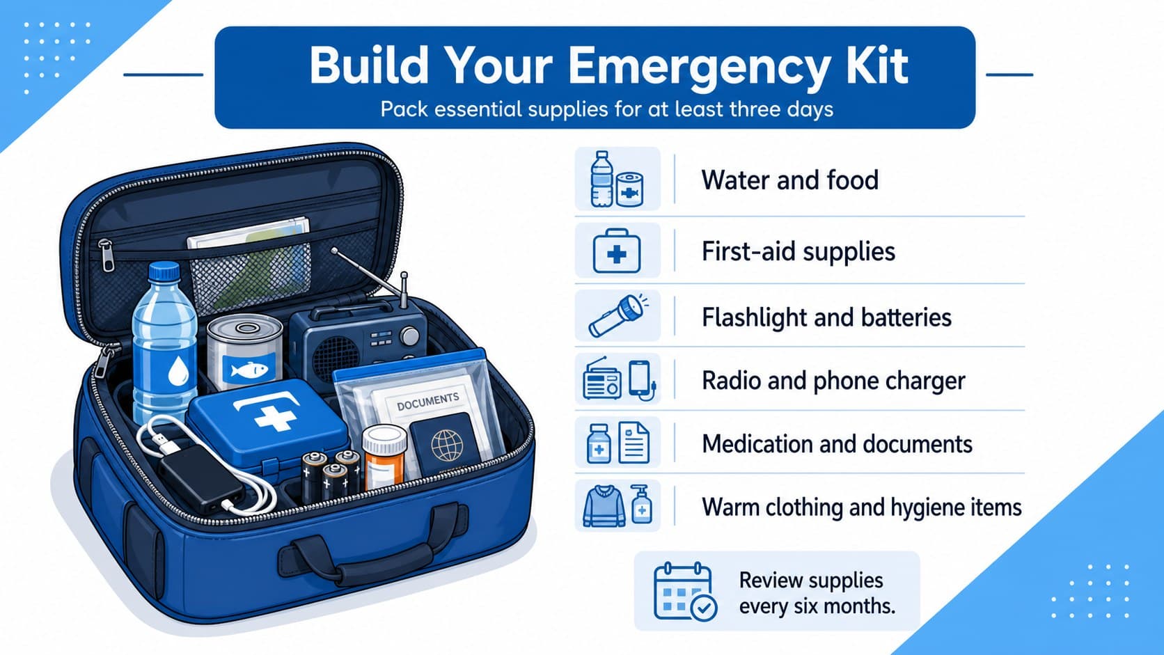 Emergency kit checklist slide with blue illustrated supply icons for water, food, lighting, communication, and first aid.