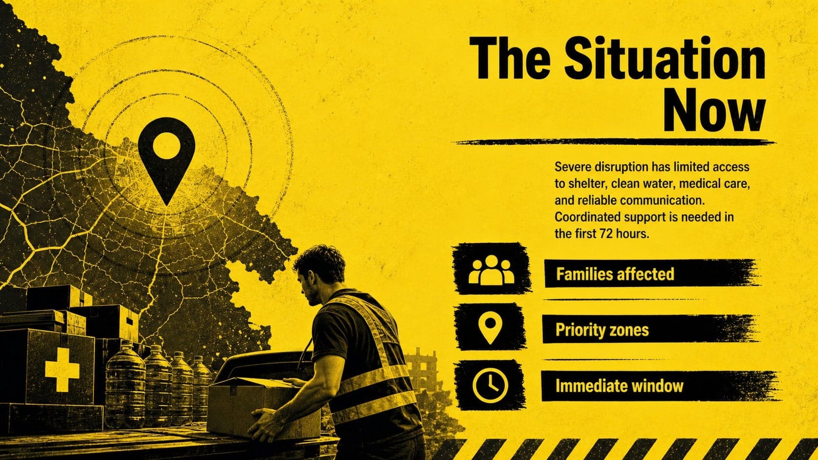 Disaster response fundraising presentation slide summarizing the emergency context and immediate community needs.