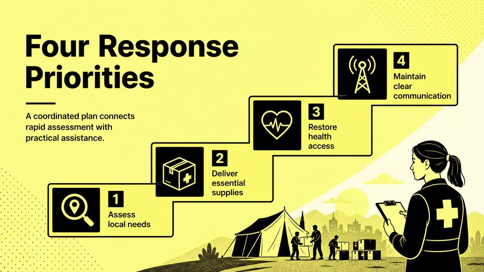 Crisis response nonprofit presentation showing four coordinated emergency response priorities.
