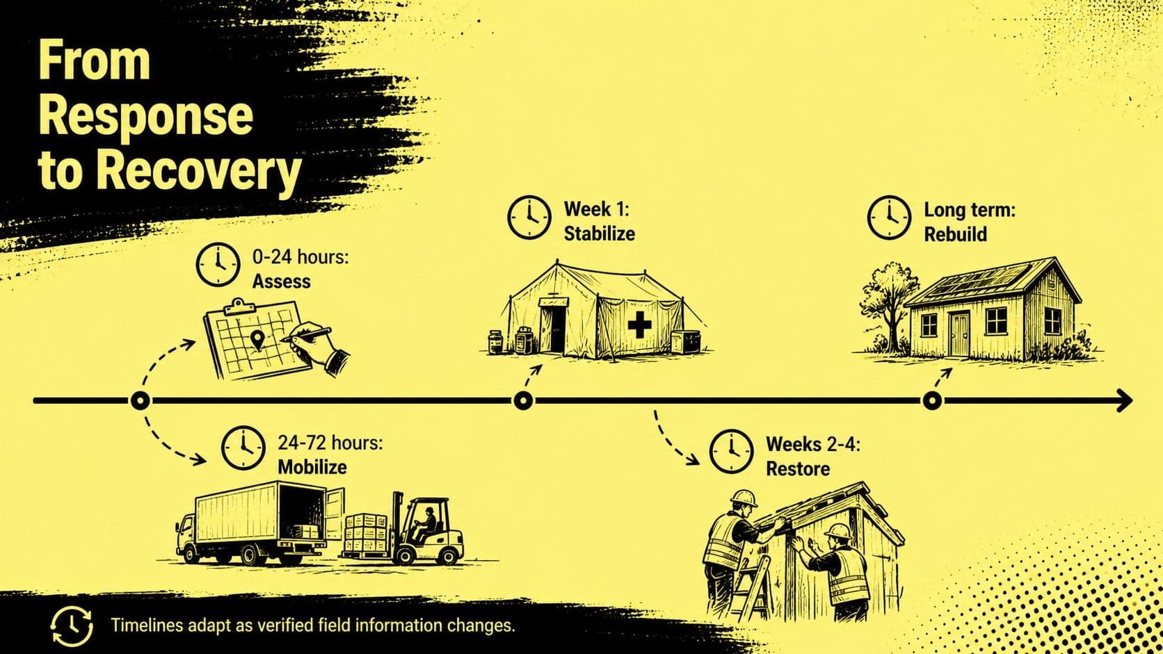 Emergency relief campaign pitch deck timeline outlining response actions from assessment through recovery.