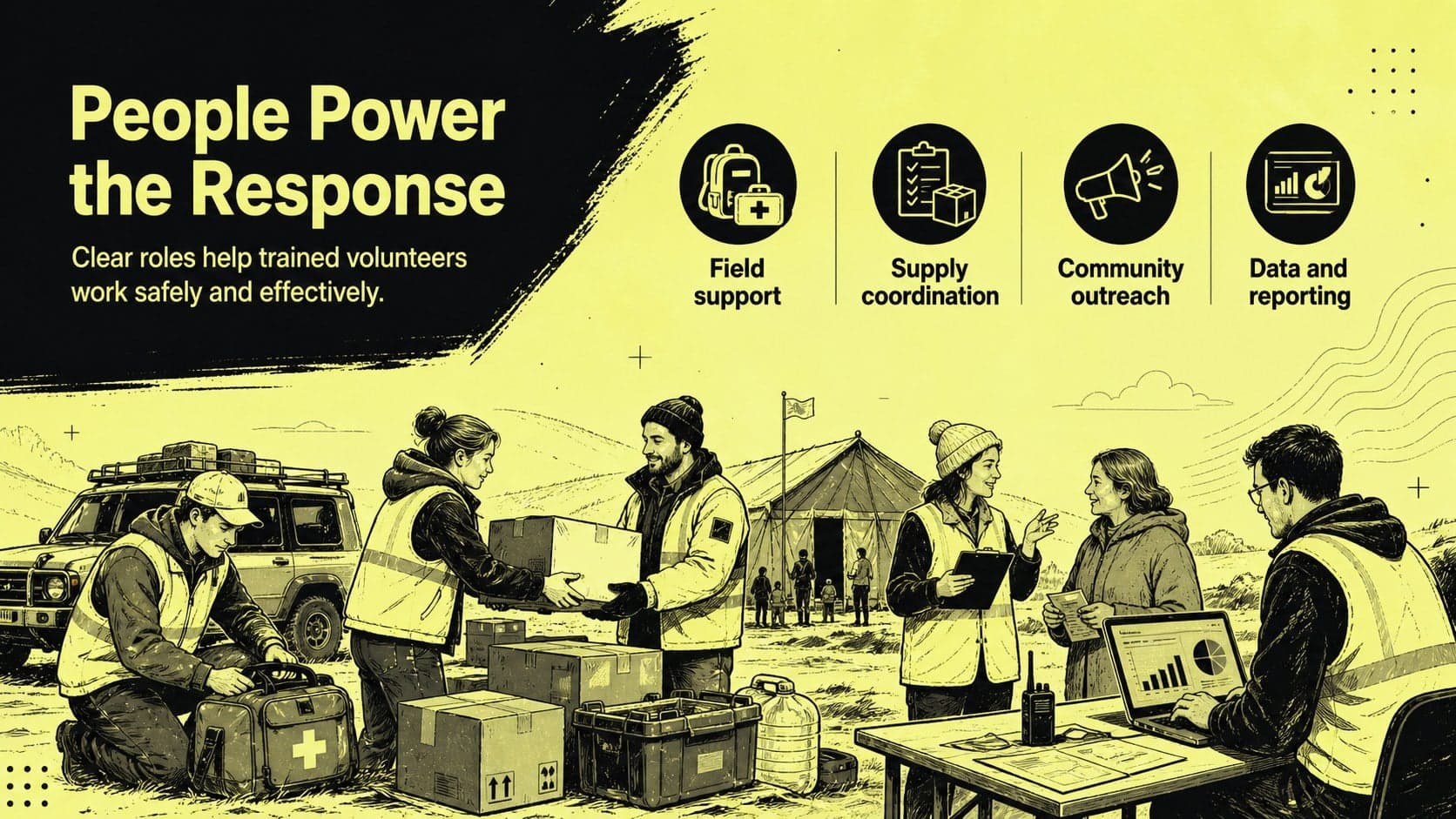 Humanitarian aid campaign slide deck page explaining volunteer teams and field responsibilities.