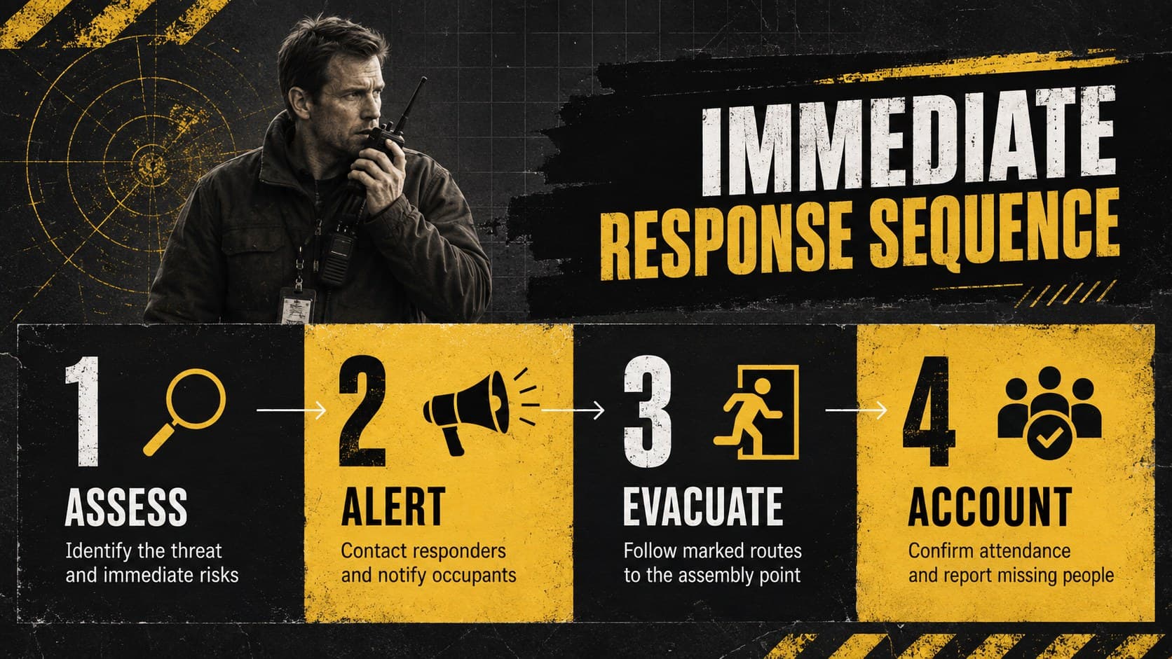 Workplace emergency response presentation slide outlining assess, alert, evacuate, and account procedures.