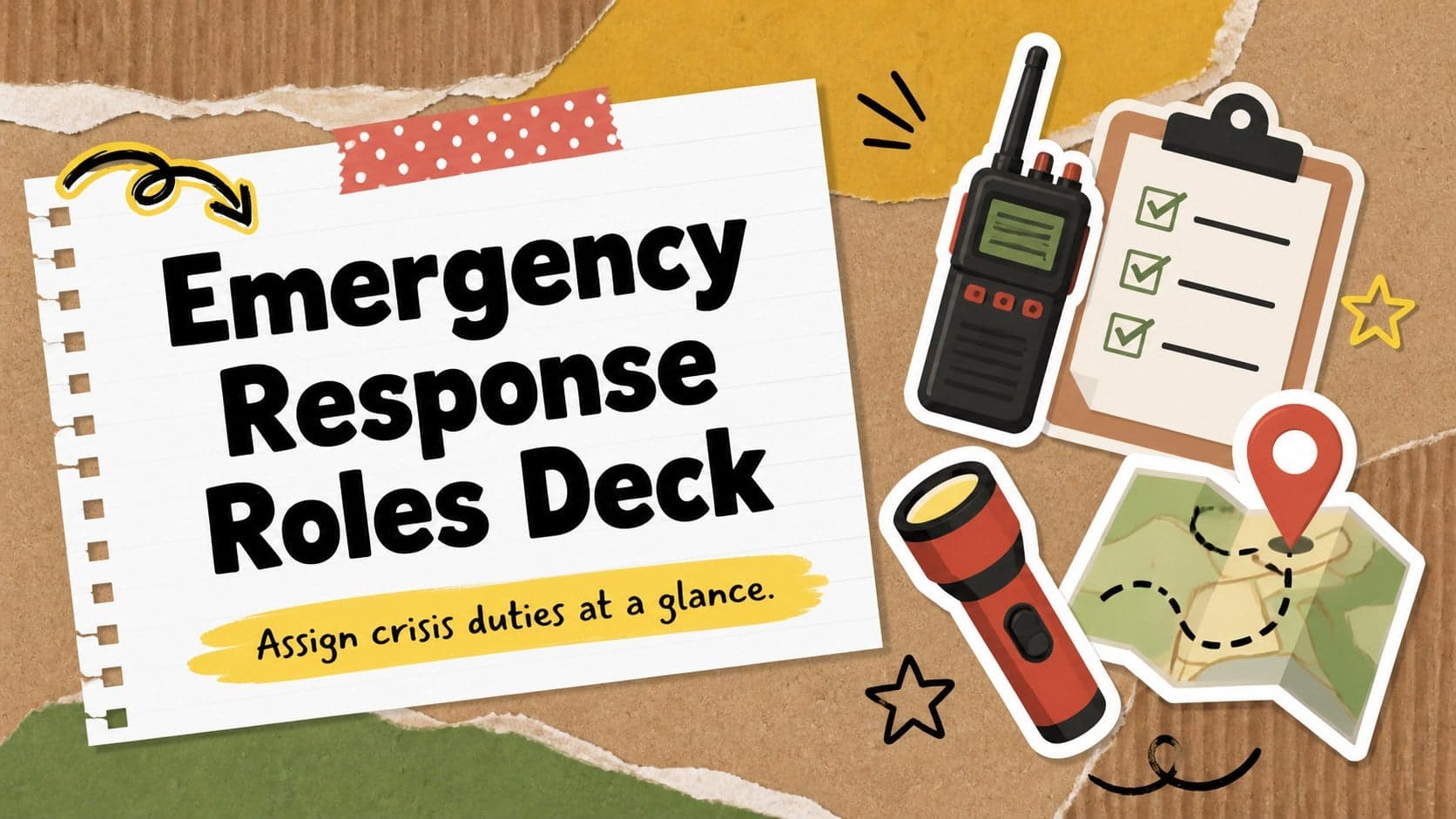 Cover of the Emergency Response Roles Deck with colorful brown scrapbook paper, emergency symbols, and bold title lettering.